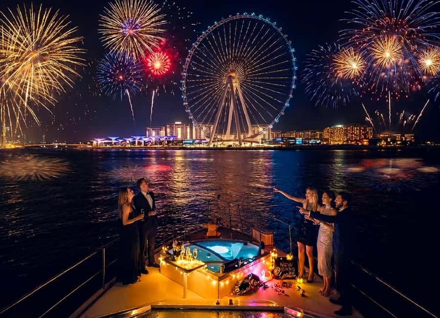 Dubai: New Year Eve Luxury Yacht Fireworks View & BBQ Cruise - The “pre-cruise” photo route: Ain Dubai, Jumeirah Beach Residence, Atlantis