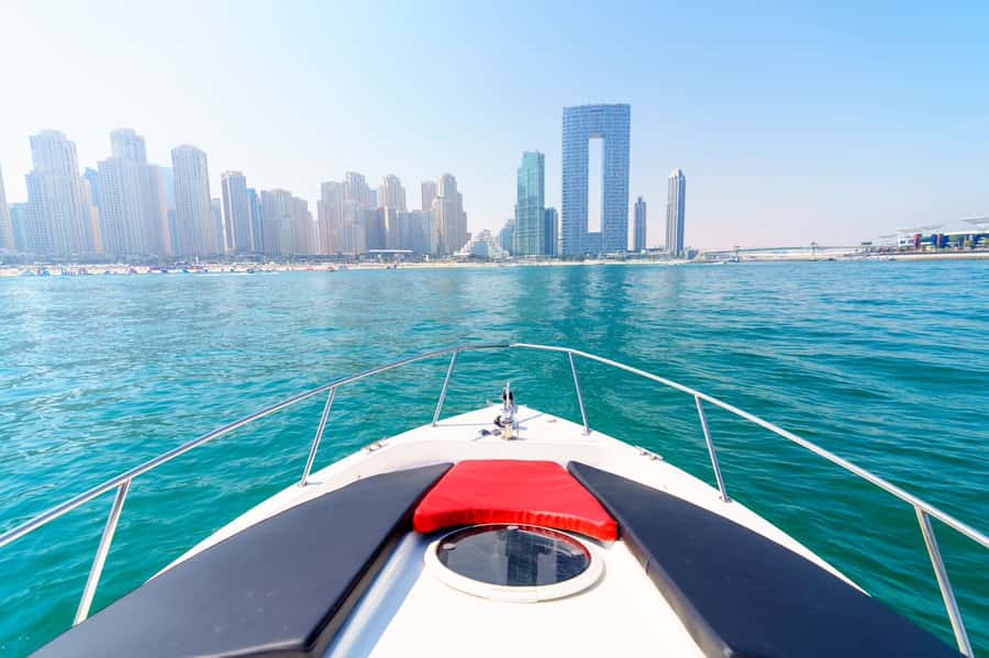 Dubai: Private Coastline Landmarks Mini-Yacht Tour - Bluewaters and Ain Dubai: Getting the Observation-Wheel Angle