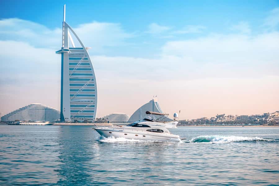 Dubai Yacht Tour - Boat Trip upto 12 guests Private event - Atlantis the Palm, Dubai Marina skyline, and JBR from a different angle